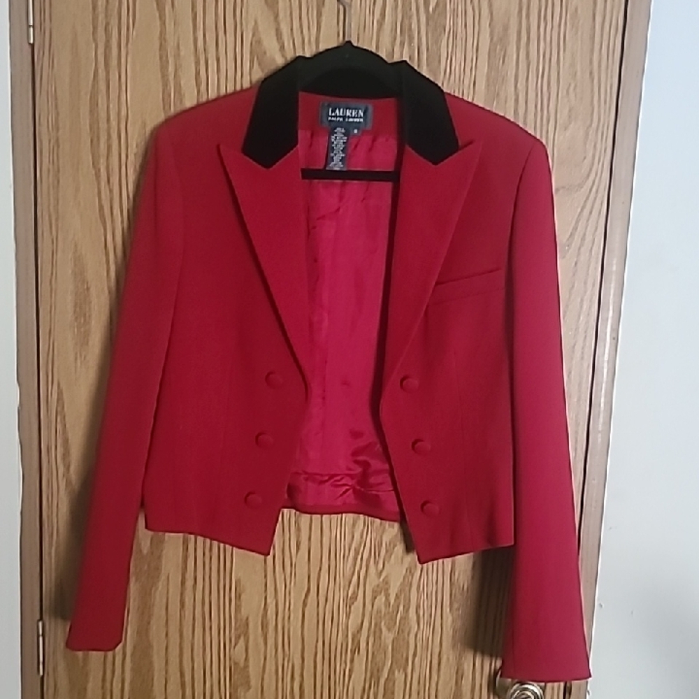 Lauren Ralph Lauren Red Cropped Blazer with Black Notch Collar